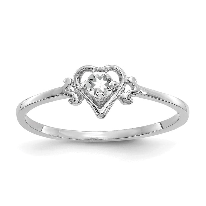 14k White Gold 3 mm Round White Topaz Birthstone Heart Ring