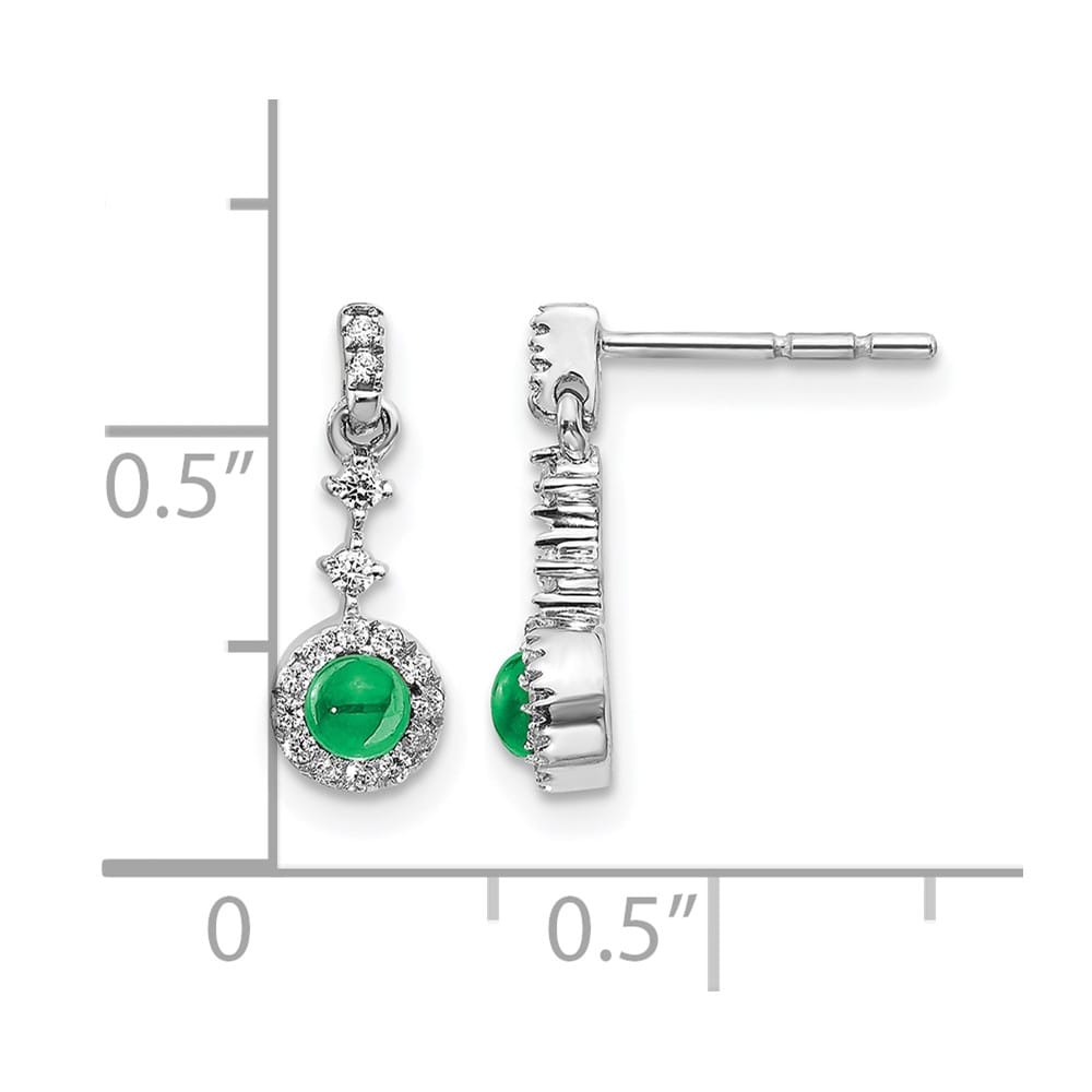14K White Gold 3mm Round Emerald Cabochon Diamond Halo Dangle Earrings, view 4 of 4