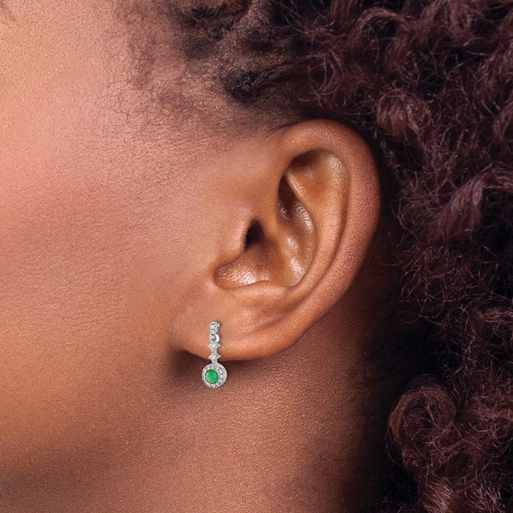 14K White Gold 3mm Round Emerald Cabochon Diamond Halo Dangle Earrings, view 3 of 4