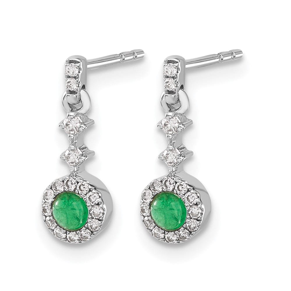 14K White Gold 3mm Round Emerald Cabochon Diamond Halo Dangle Earrings, view 2 of 4