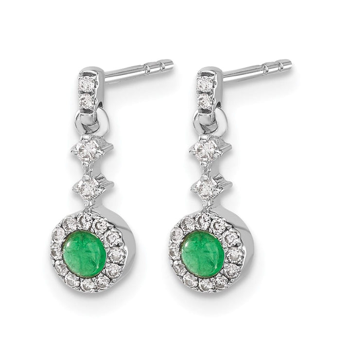 14K White Gold 3mm Round Emerald Cabochon Diamond Halo Dangle Earrings, view 2 of 4