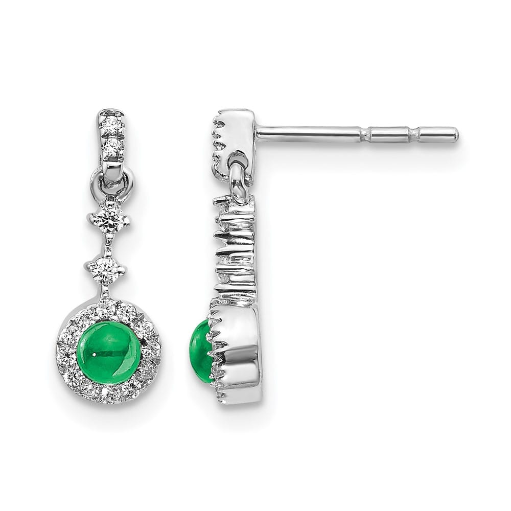 14K White Gold 3mm Round Emerald Cabochon Diamond Halo Dangle Earrings, view 1 of 4