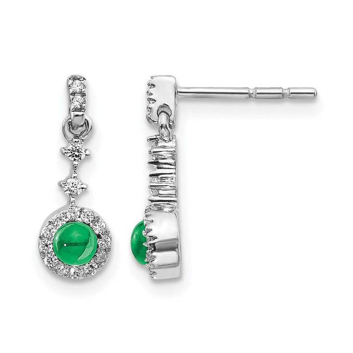 14K White Gold 3mm Round Emerald Cabochon Diamond Halo Dangle Earrings, view 1 of 4