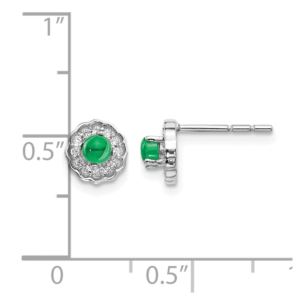 14K White Gold 3mm Round Emerald Cabochon Diamond Halo Post Earrings, view 4 of 4
