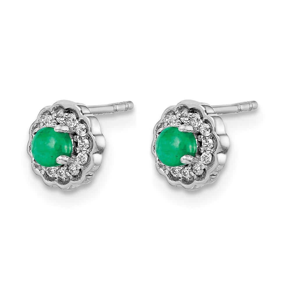 14K White Gold 3mm Round Emerald Cabochon Diamond Halo Post Earrings, view 2 of 4