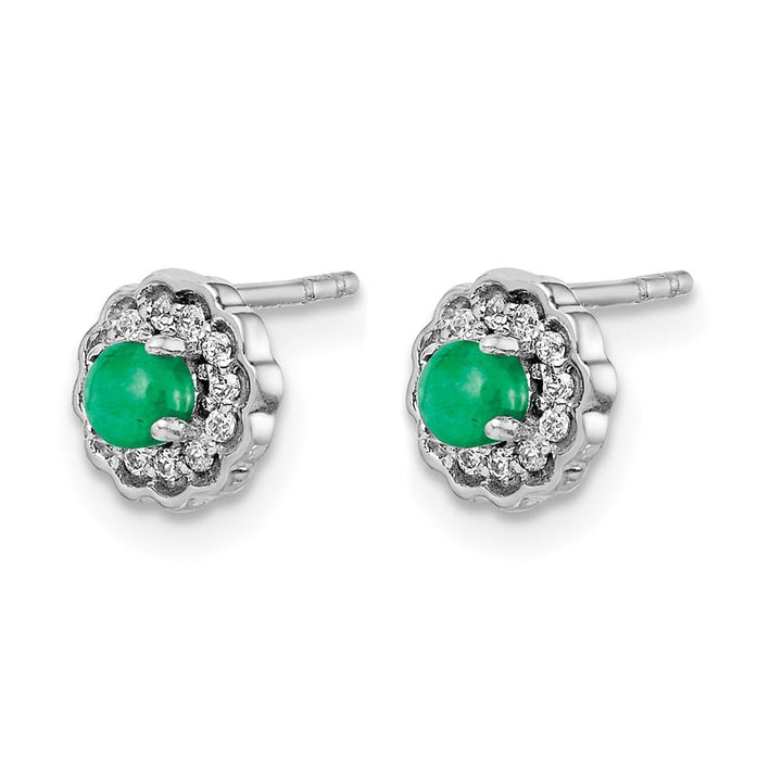 14K White Gold 3mm Round Emerald Cabochon Diamond Halo Post Earrings, view 2 of 4