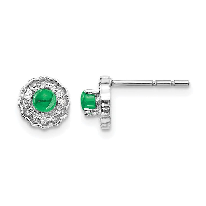 14K White Gold 3mm Round Emerald Cabochon Diamond Halo Post Earrings, view 1 of 4