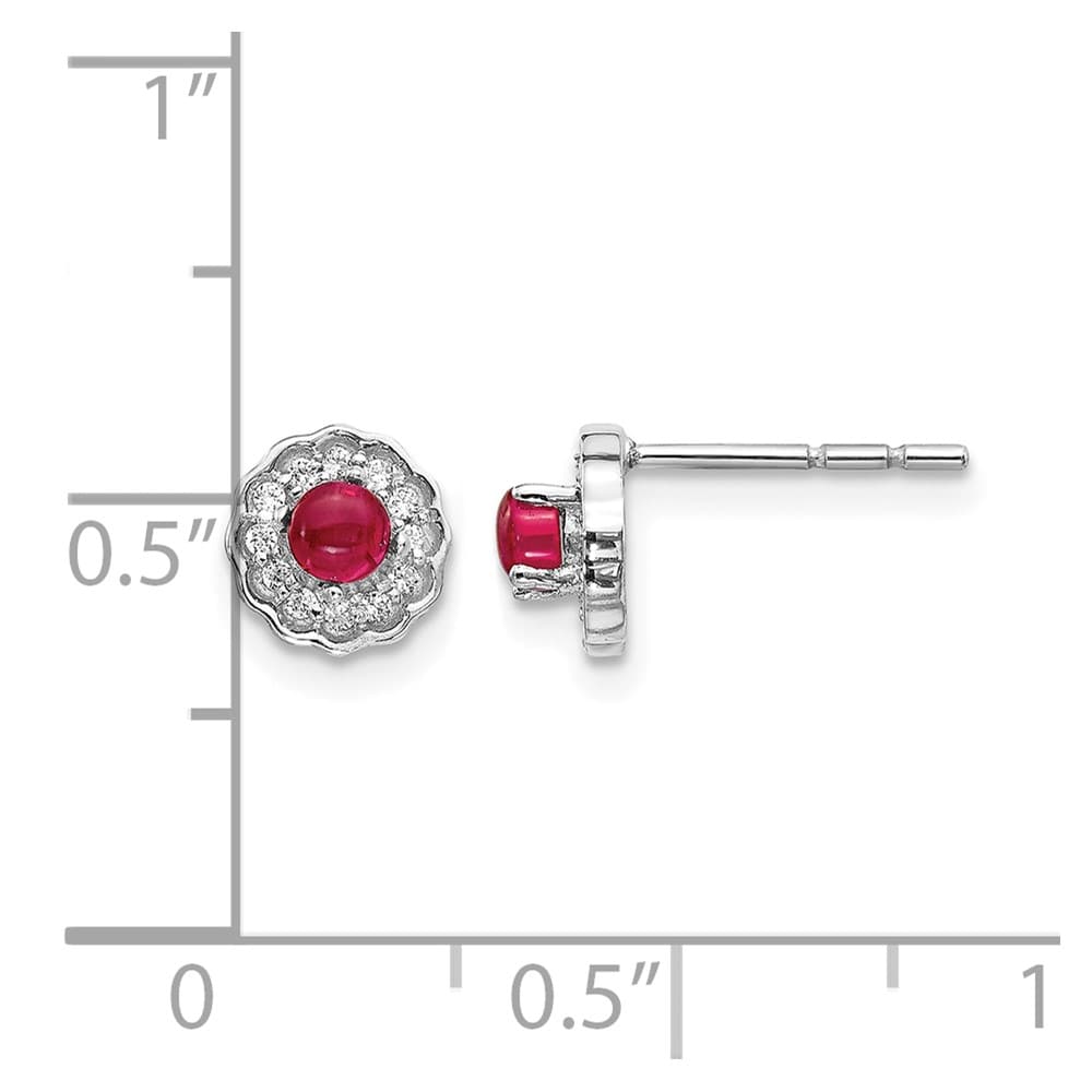 14K White Gold 3mm Round Ruby Cabochon and Diamond Halo Post Earrings, view 4 of 4