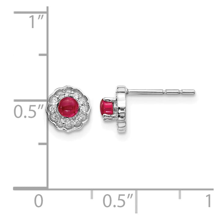 14K White Gold 3mm Round Ruby Cabochon and Diamond Halo Post Earrings, view 4 of 4