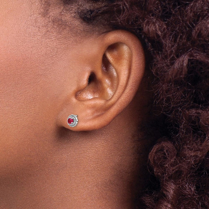 14K White Gold 3mm Round Ruby Cabochon and Diamond Halo Post Earrings, view 3 of 4