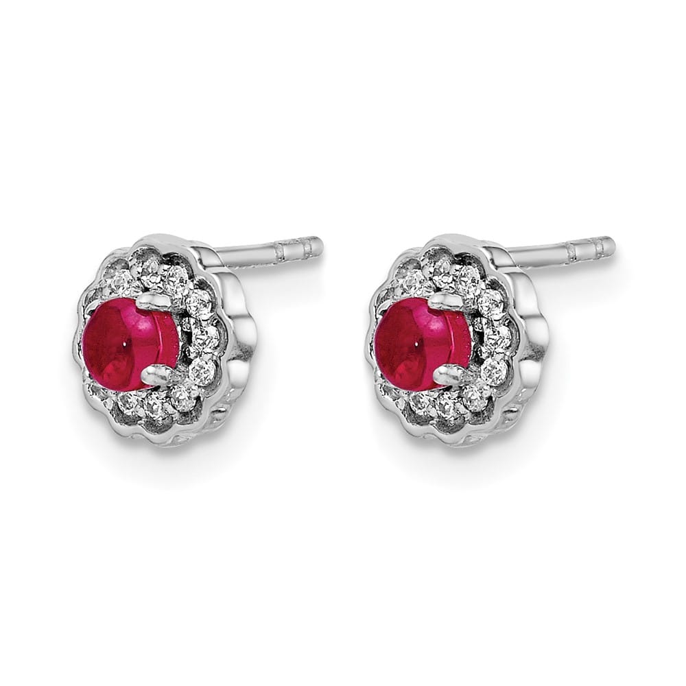 14K White Gold 3mm Round Ruby Cabochon and Diamond Halo Post Earrings, view 2 of 4