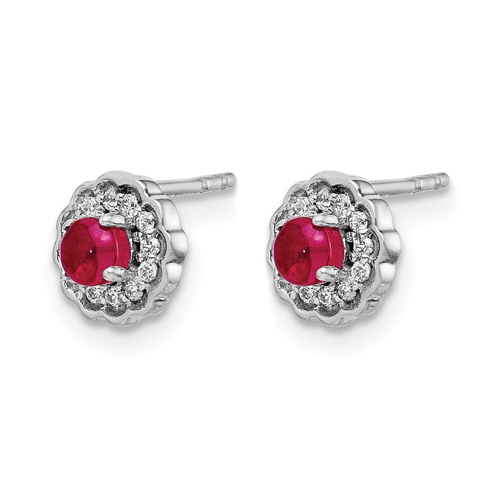 14K White Gold 3mm Round Ruby Cabochon and Diamond Halo Post Earrings, view 2 of 4
