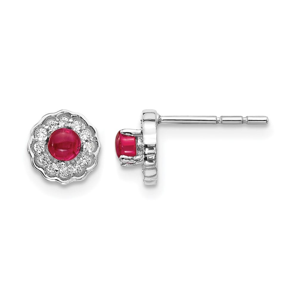 14K White Gold 3mm Round Ruby Cabochon and Diamond Halo Post Earrings, view 1 of 4