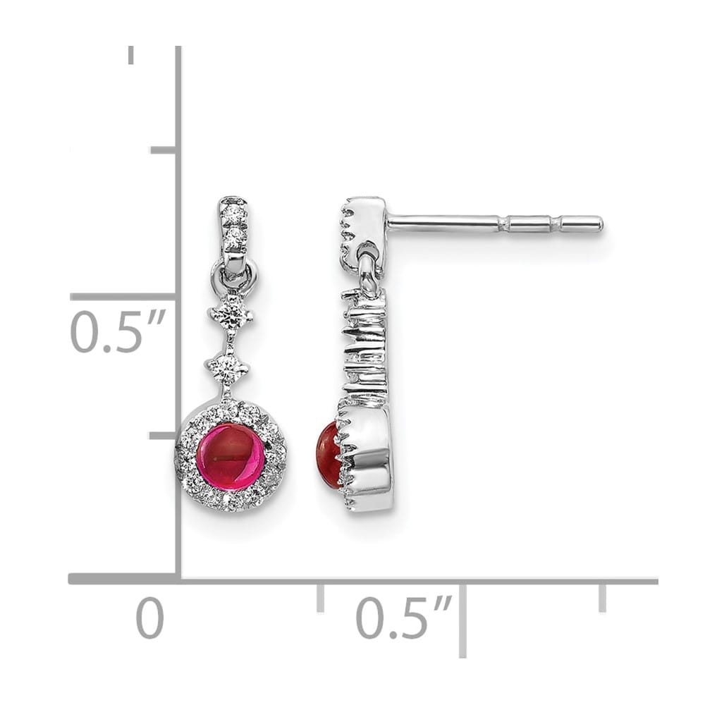 14K White Gold 3mm Round Ruby Cabochon Diamond Halo Dangle Earrings, view 4 of 4