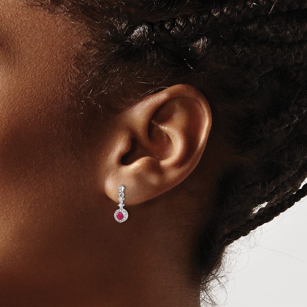 14K White Gold 3mm Round Ruby Cabochon Diamond Halo Dangle Earrings, view 3 of 4