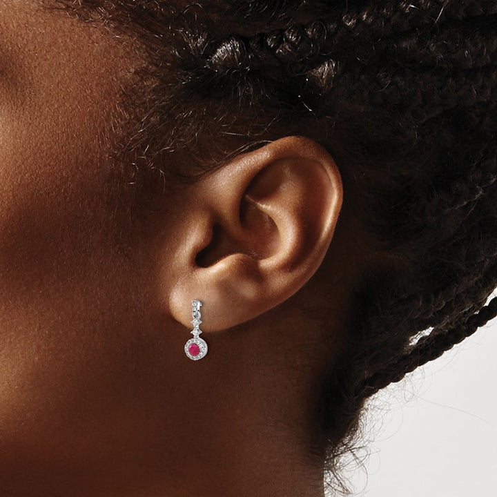14K White Gold 3mm Round Ruby Cabochon Diamond Halo Dangle Earrings, view 3 of 4