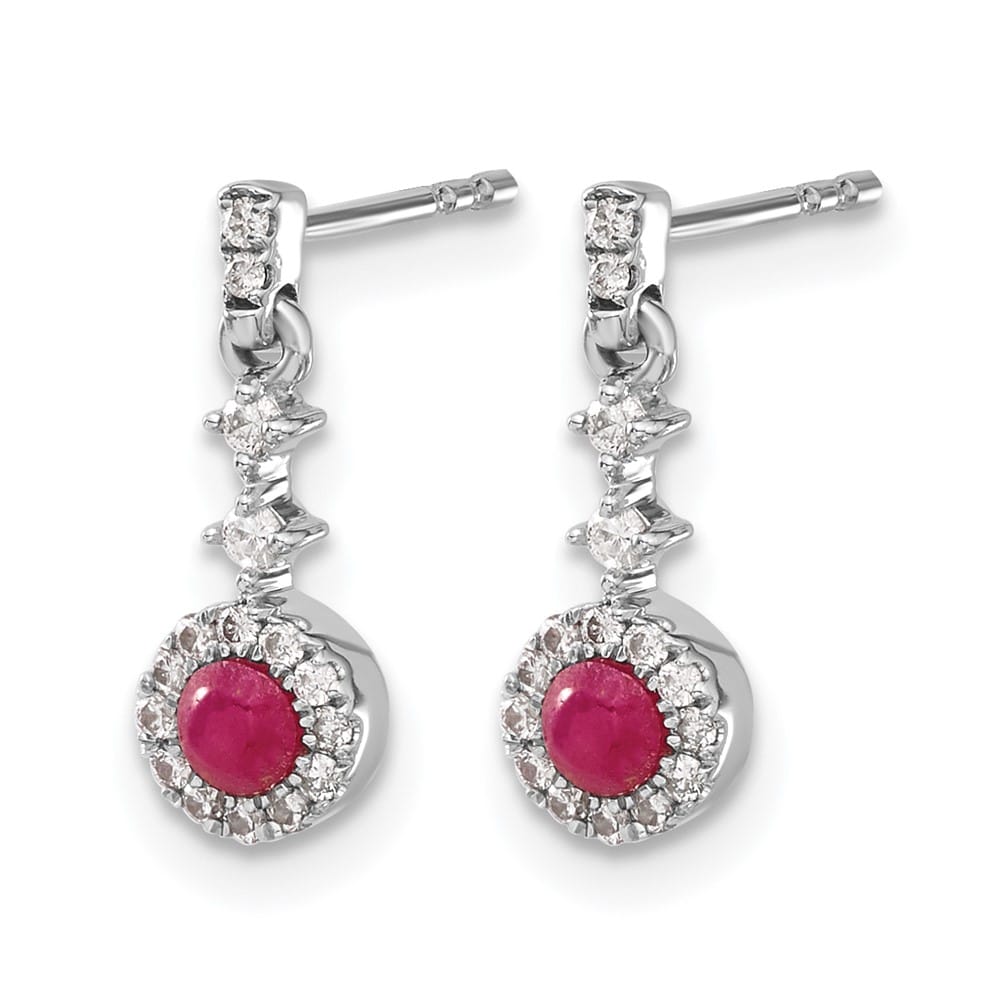 14K White Gold 3mm Round Ruby Cabochon Diamond Halo Dangle Earrings, view 2 of 4