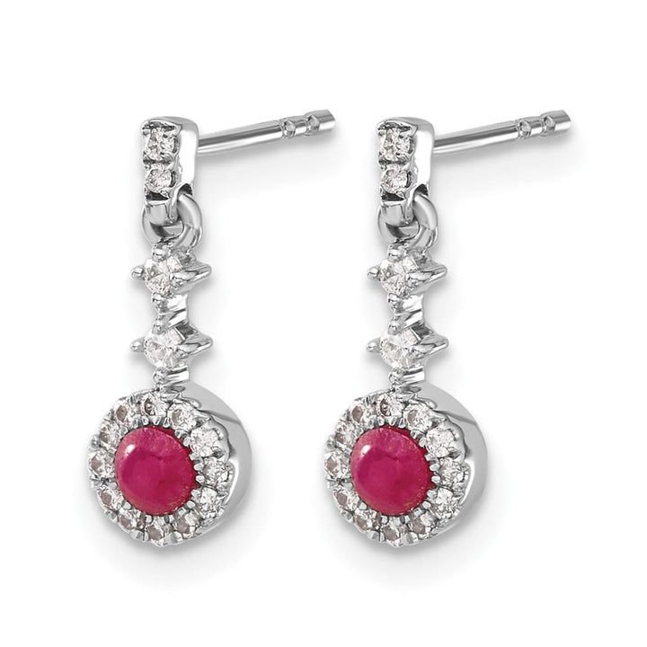 14K White Gold 3mm Round Ruby Cabochon Diamond Halo Dangle Earrings, view 2 of 4