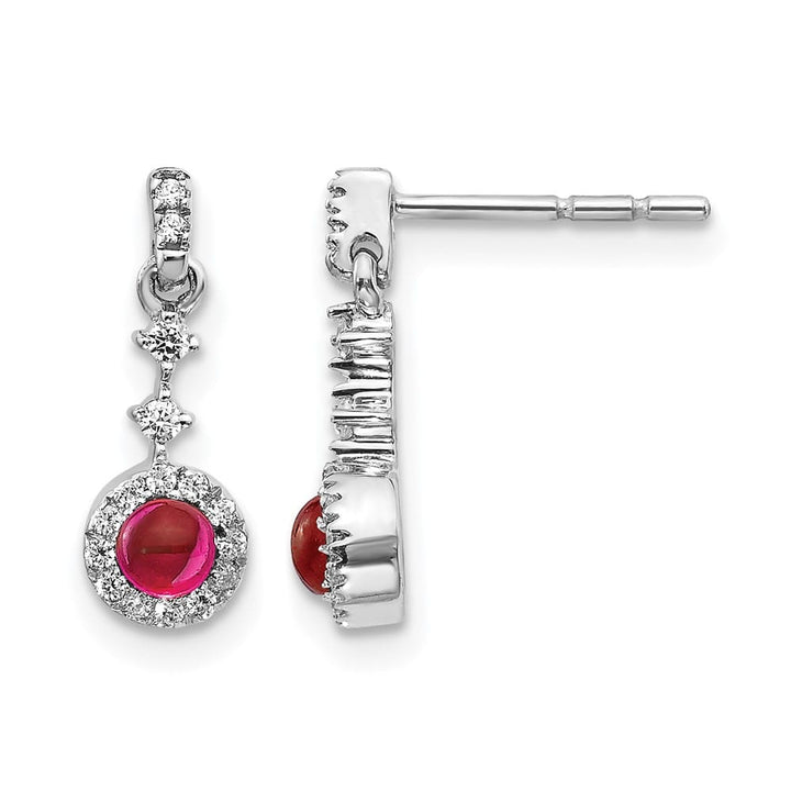 14K White Gold 3mm Round Ruby Cabochon Diamond Halo Dangle Earrings, view 1 of 4