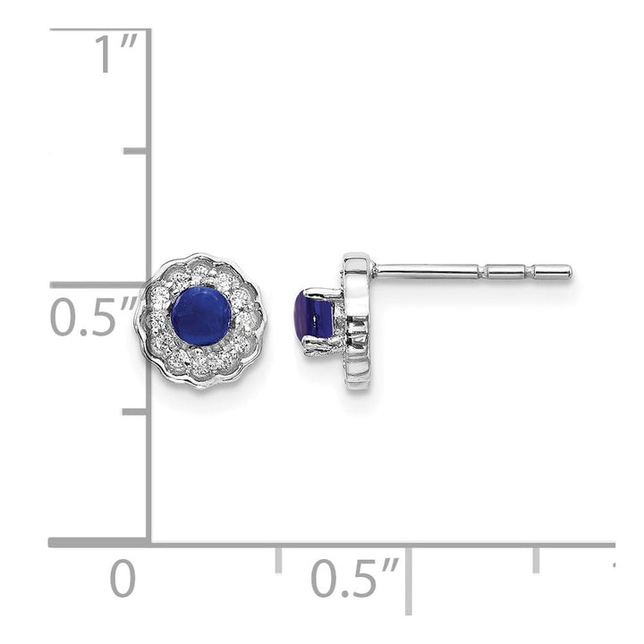 14K White Gold 3mm Round Sapphire Cabochon Diamond Halo Post Earrings, view 4 of 4