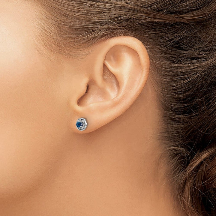14K White Gold 3mm Round Sapphire Cabochon Diamond Halo Post Earrings, view 3 of 4