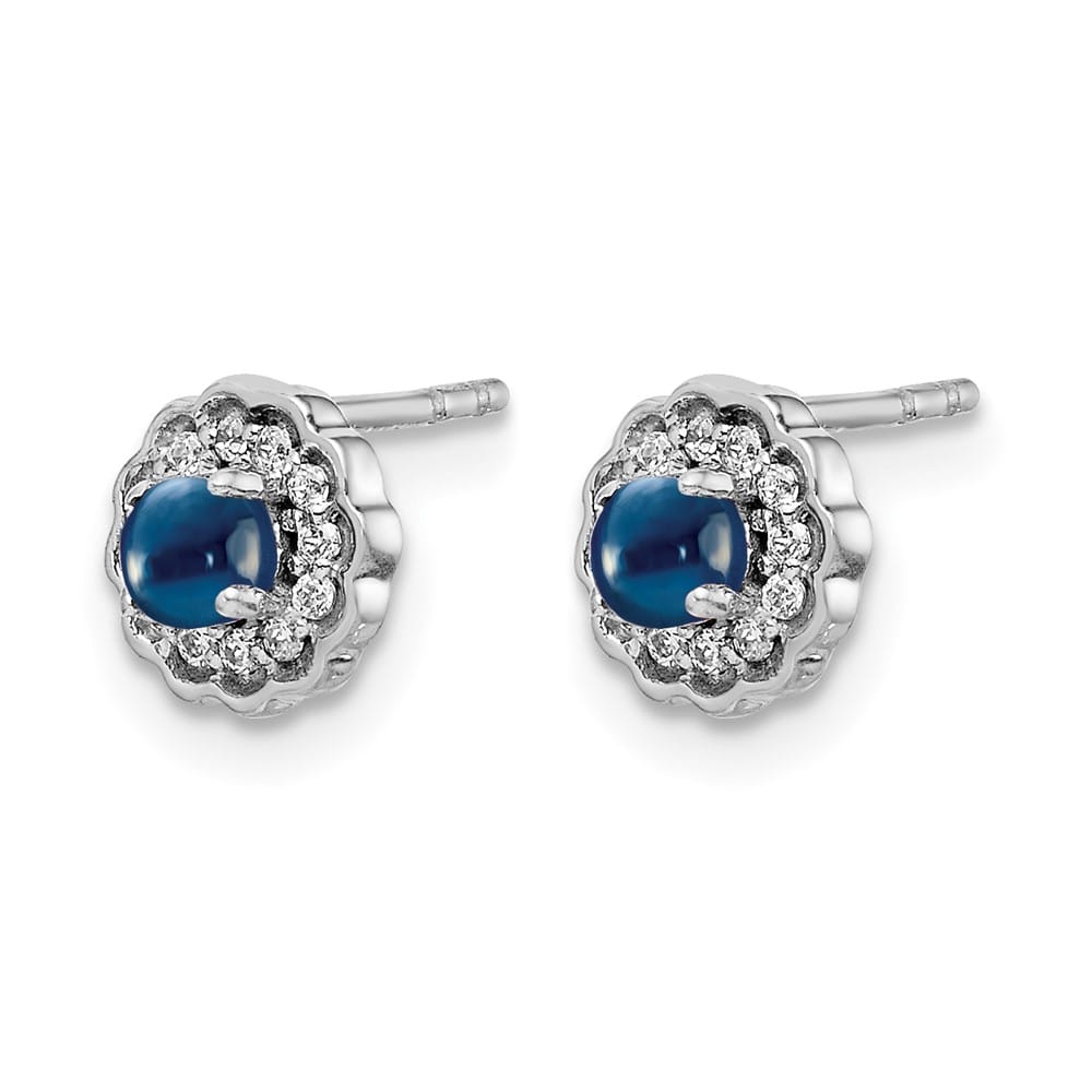 14K White Gold 3mm Round Sapphire Cabochon Diamond Halo Post Earrings, view 2 of 4