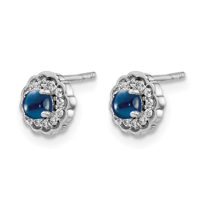 14K White Gold 3mm Round Sapphire Cabochon Diamond Halo Post Earrings, view 2 of 4