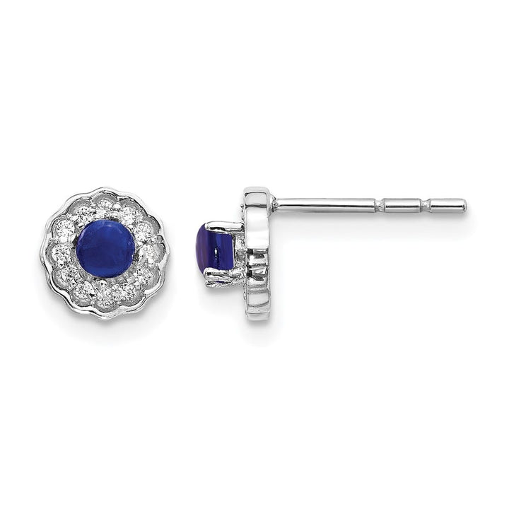 14K White Gold 3mm Round Sapphire Cabochon Diamond Halo Post Earrings, view 1 of 4