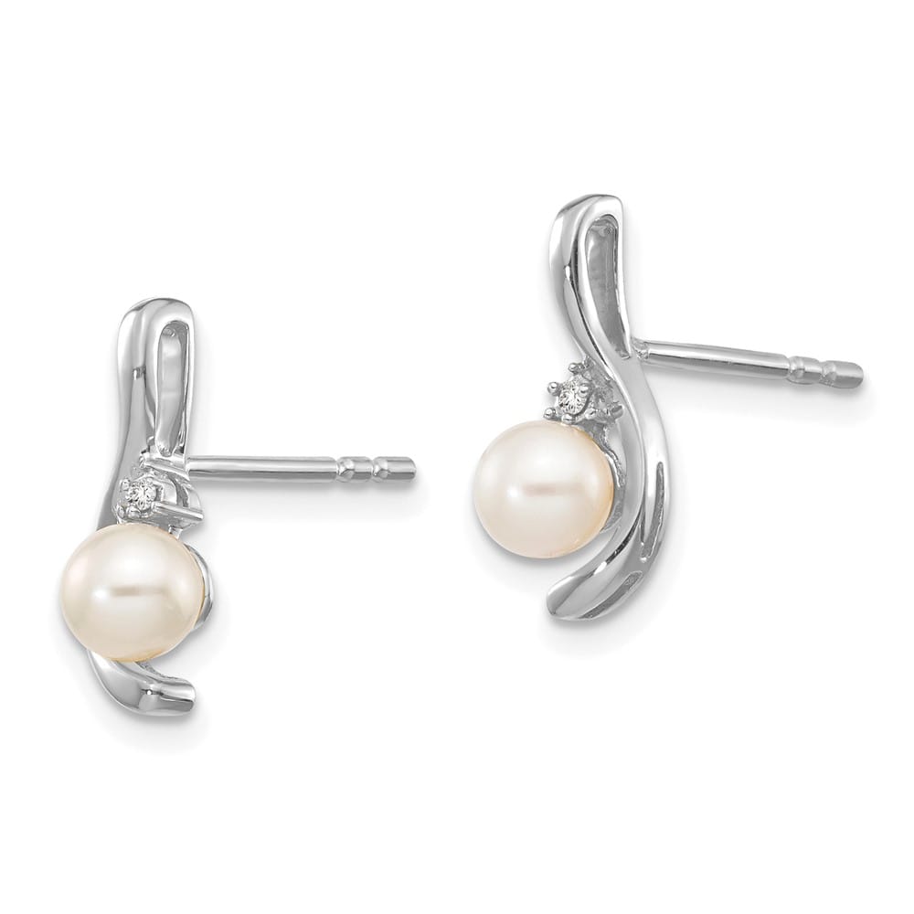 14K White Gold 4.5mm June/Freshwater Pearl and Diamond Post Earrings, view 2 of 4