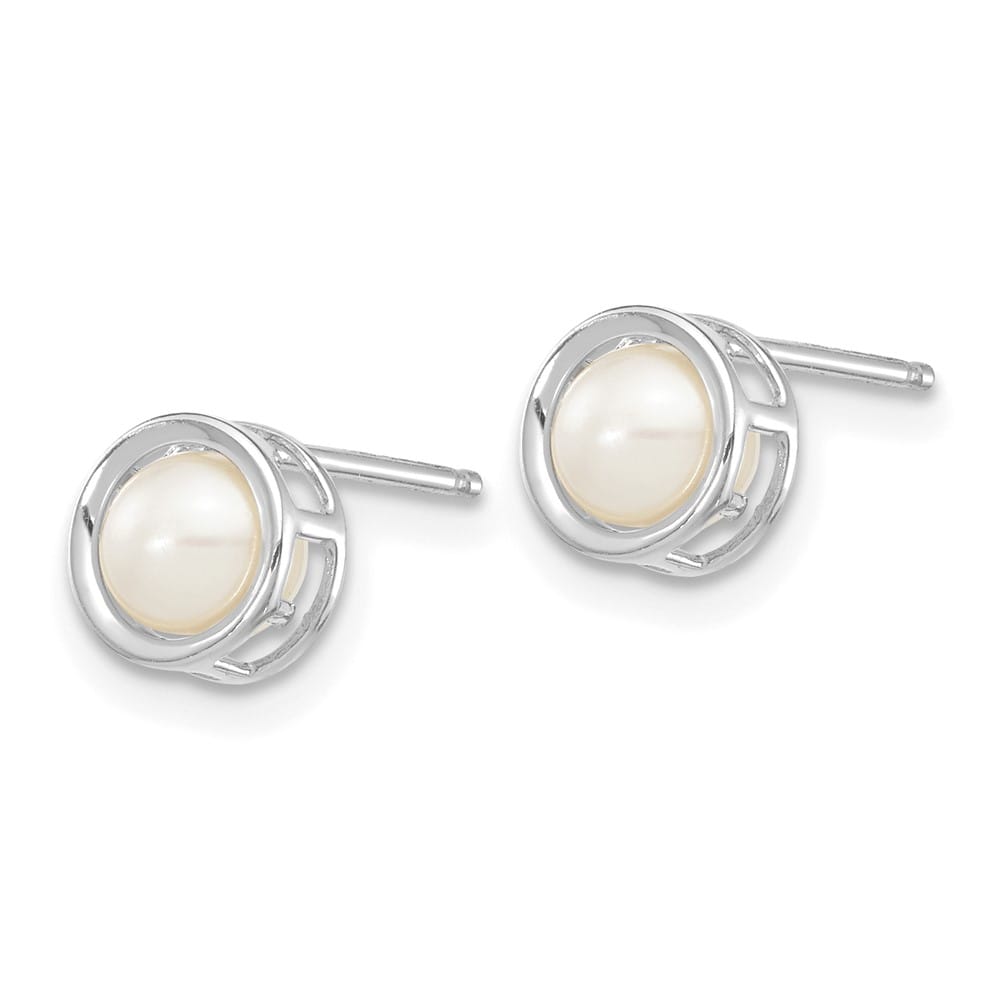 14K White Gold 4.5mm Round Bezel June/Freshwater Pearl Post Earrings, view 2 of 4