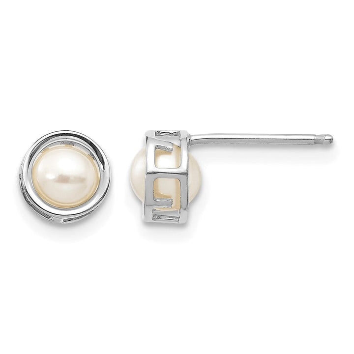 14K White Gold 4.5mm Round Bezel June/Freshwater Pearl Post Earrings, view 1 of 4