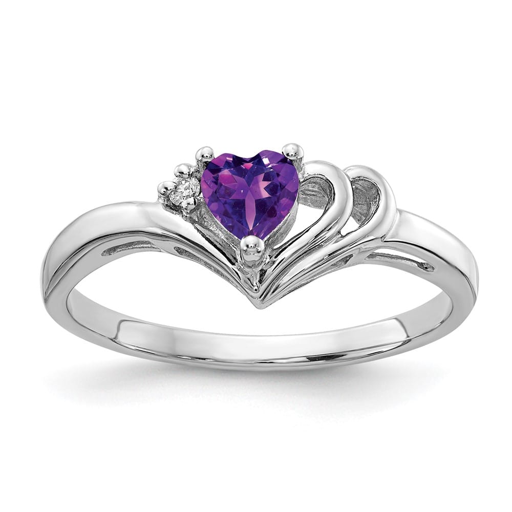 14k White Gold 4 mm Heart Amethyst and Diamond Ring