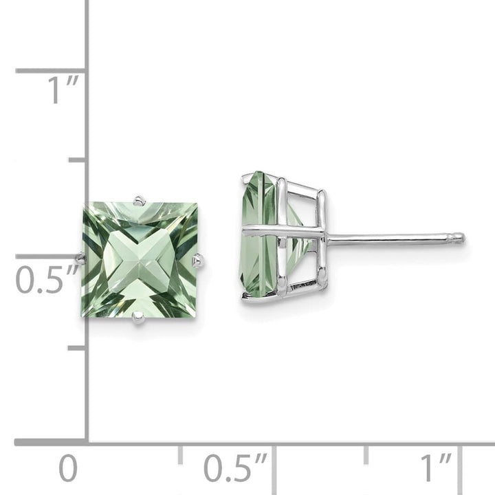 14K White Gold 4-Prong 8mm Princess Green Quartz Post Earrings, view 4 of 4