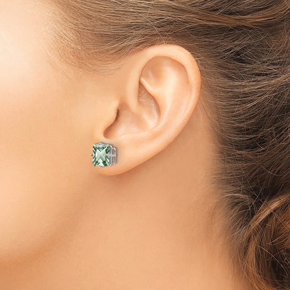 14K White Gold 4-Prong 8mm Princess Green Quartz Post Earrings, view 3 of 4