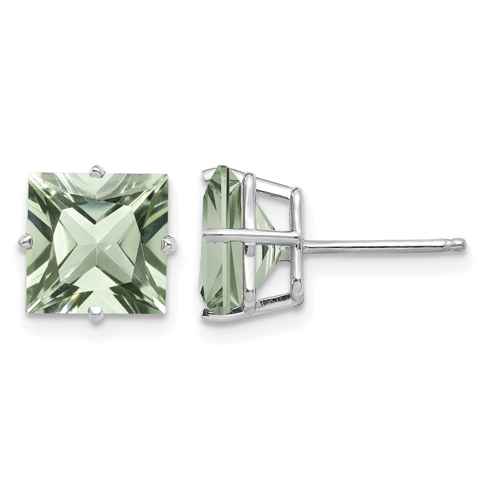 14K White Gold 4-Prong 8mm Princess Green Quartz Post Earrings, view 1 of 4