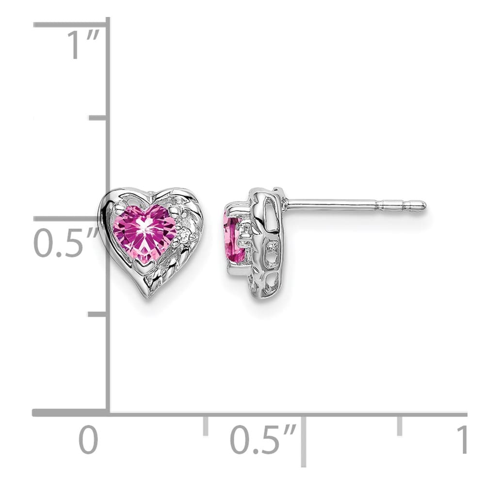 14K White Gold 4mm Heart Pink Sapphire and Diamond Post Earrings, view 2 of 2