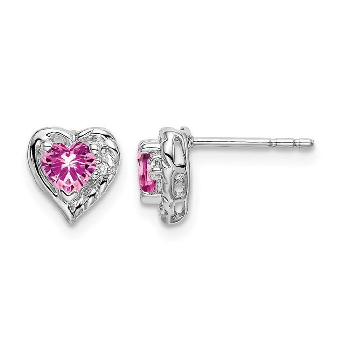 14K White Gold 4mm Heart Pink Sapphire and Diamond Post Earrings, view 1 of 2