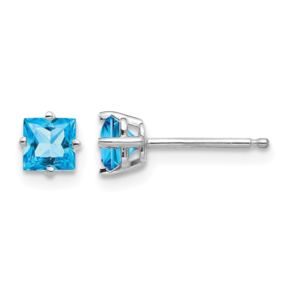14K White Gold 4mm Princess-cut Blue Topaz Post Earrings, view 1 of 4