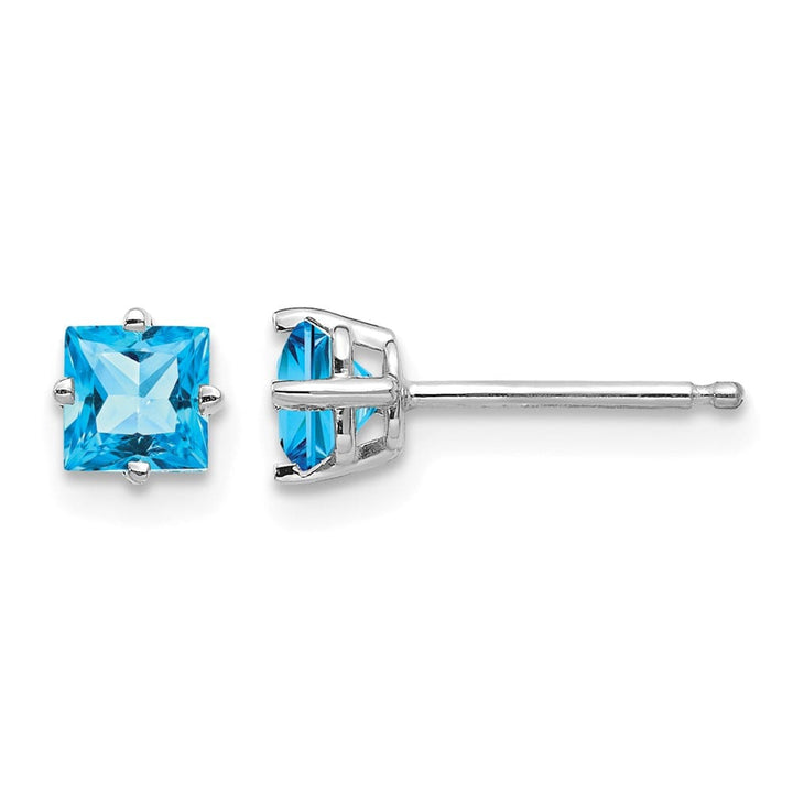 14K White Gold 4mm Princess-cut Blue Topaz Post Earrings, view 1 of 4