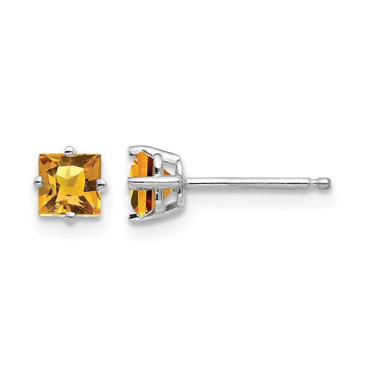 14K White Gold 4mm Princess-cut Citrine Post Earrings, view 1 of 4