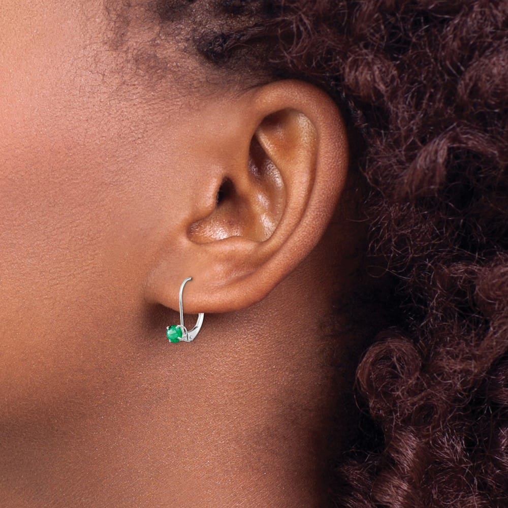 14K White Gold 4mm Round May/Emerald Leverback Earrings, view 3 of 4