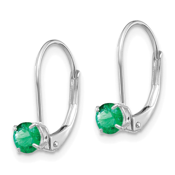 14K White Gold 4mm Round May/Emerald Leverback Earrings, view 2 of 4