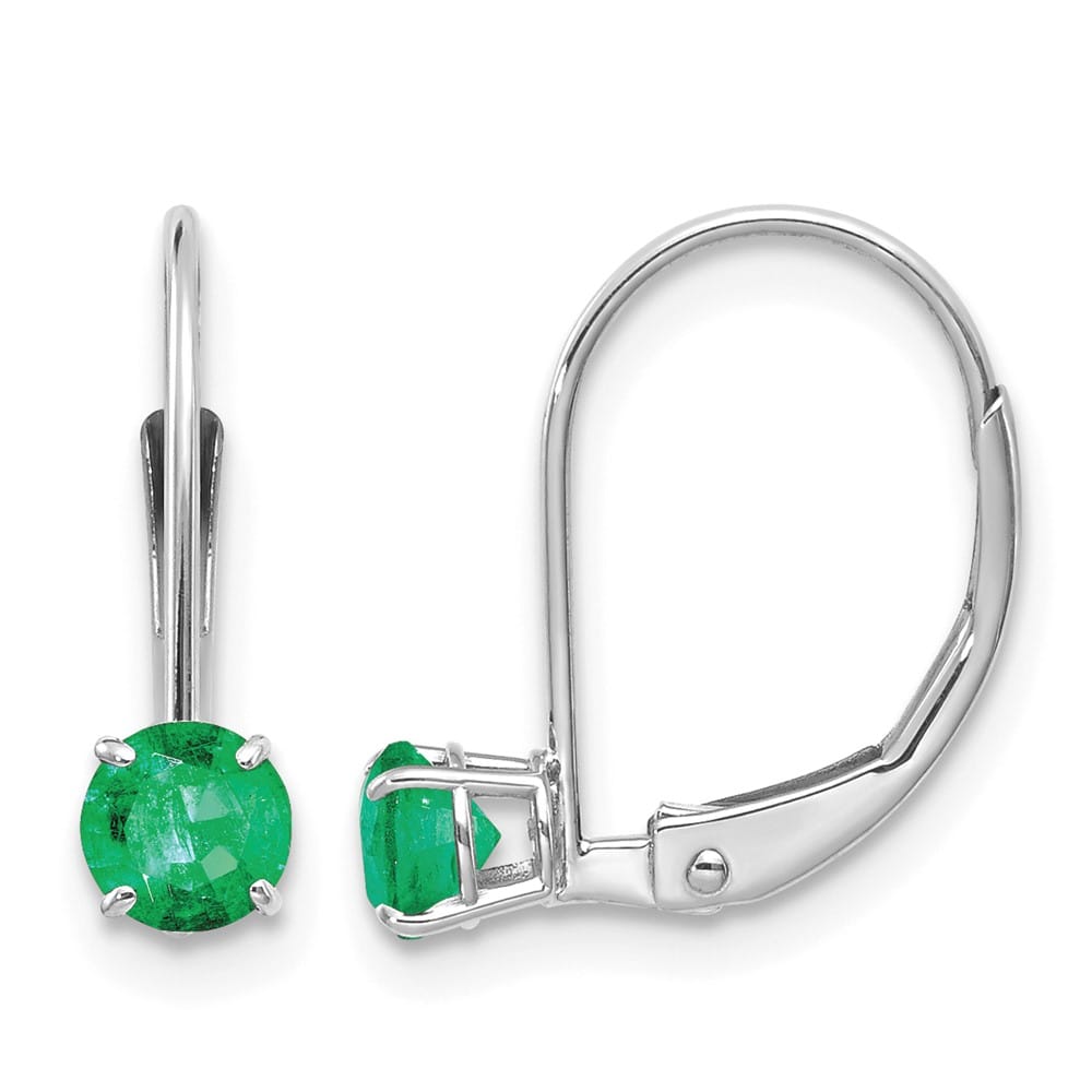14K White Gold 4mm Round May/Emerald Leverback Earrings, view 1 of 4