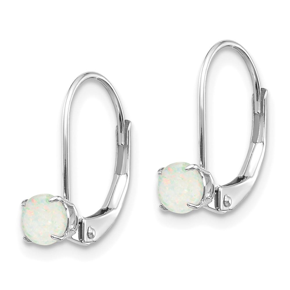 14K White Gold 4mm Round October/Opal Leverback Earrings, view 2 of 4