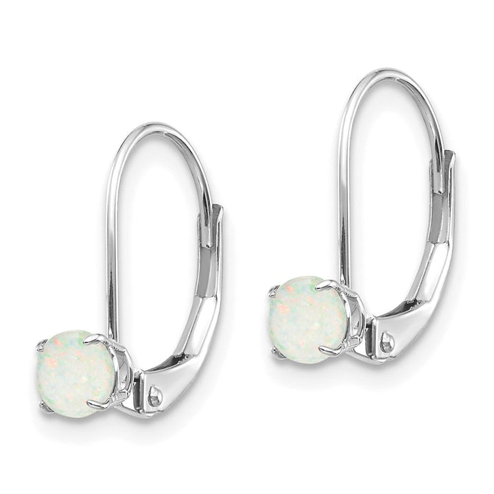 14K White Gold 4mm Round October/Opal Leverback Earrings, view 2 of 4