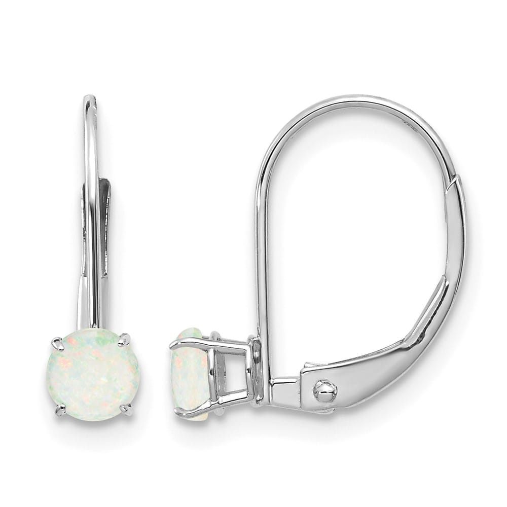 14K White Gold 4mm Round October/Opal Leverback Earrings, view 1 of 4