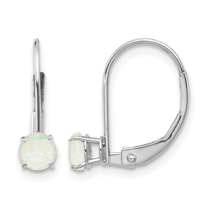 14K White Gold 4mm Round October/Opal Leverback Earrings, view 1 of 4
