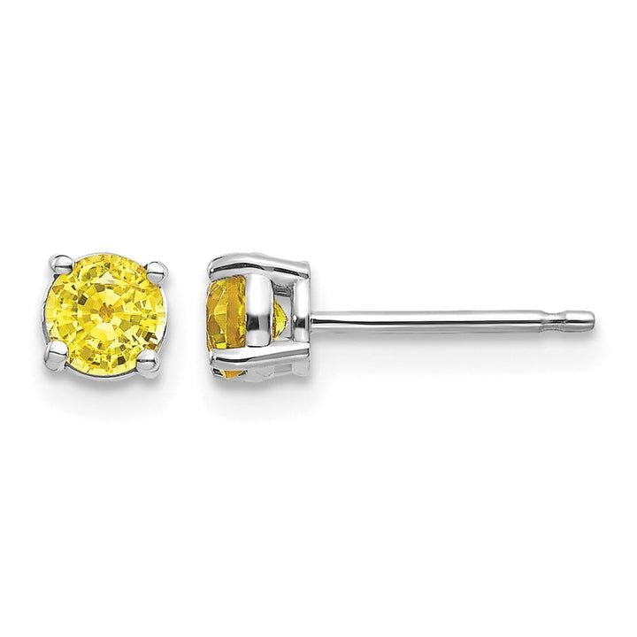 14K White Gold 4mm Round Yellow Sapphire Post Earrings, view 1 of 4