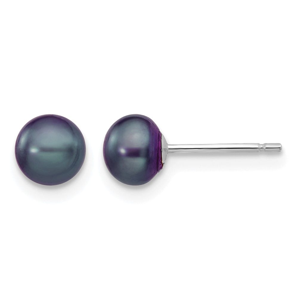 14K White Gold 5-6mm Black Button Freshwater Pearl Stud Post Earrings