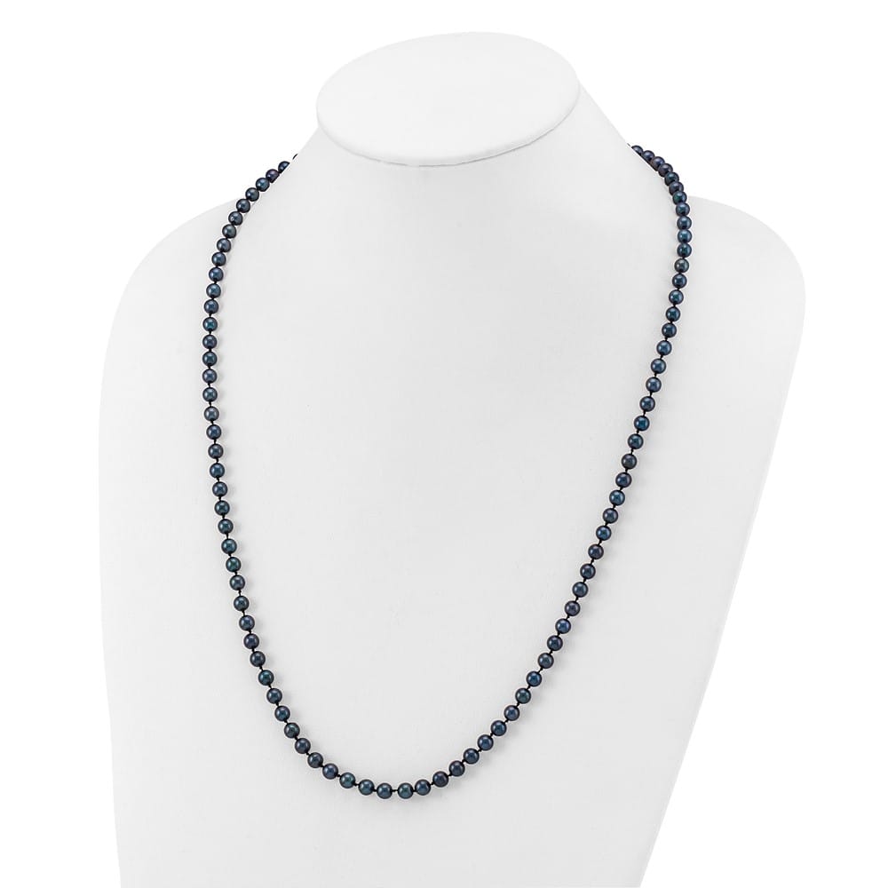 14K White Gold 5-6mm Black Round Akoya Cultured Pearl 24 inch Necklace